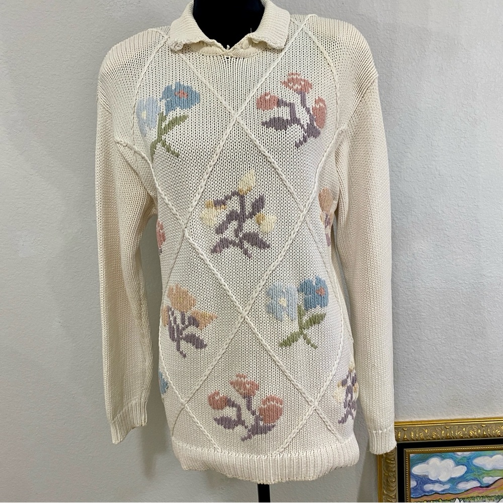 Vintage Cape Isle Knitters Cream Floral Sweater Size M Cotton Grannycore Buttons